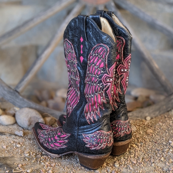 CORRAL A1049 pink/black Wing & cross snip toe blingy cowgirl western boots sz 6 - Picture 3 of 16